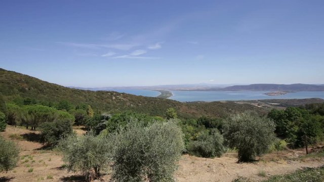 View of the lagoon of Orbetello, seen from Argentario mountain.