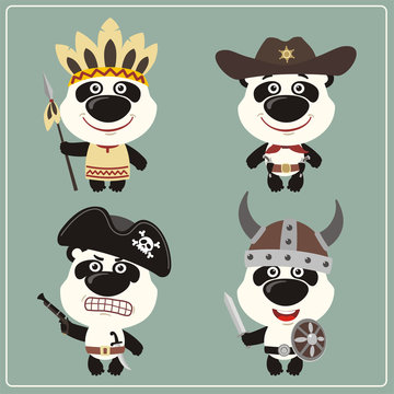 Funny panda bear in costume of viking, american indian, cowboy and pirate. Set isolated panda in cartoon style for design children holiday and birthday.