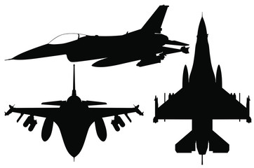 Vector silhouette set of the fighter jet F-16