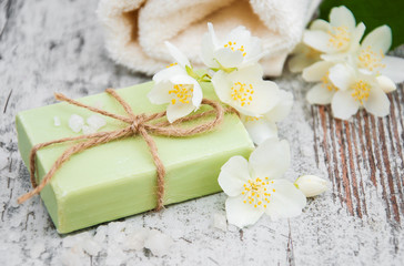 Handmade soap and jasmine flowers