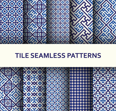 Mosaic seamless patterns set. Modern geometric textures. Vector illustration.
