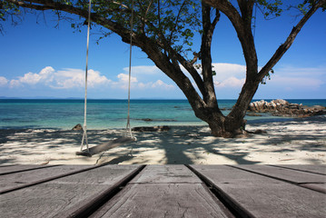 Wooden background with landscape nature view of the sea in the background
