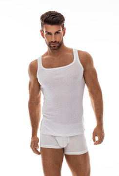 Portrait of sexy male model wear white basic clothes