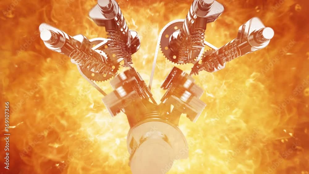 Aufkleber Pressing the button to start the car engine. Then camera zooming to a moving v8 engine in flames.