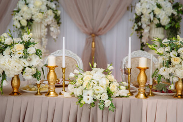 Beautiful decorated wedding restaurant for marriage. Colorful decoration for celebration. Beauty...