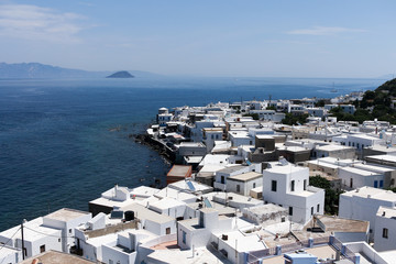 Greece. The island of Nisyros, the city of Mandraki. Top view of the sea and the roofs