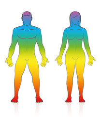Male and female body silhouettes - vector illustration of a standing love couple with rainbow gradient skin color, symbolic for healing spiritual energy, healthy wellness or sporty fitness.