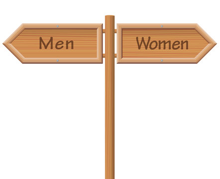 Men and women signpost - Wooden guidepost pointing into opposite - isolated vector illustration on white background.