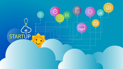 Concept startup with cute sun and clouds