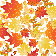Seamless pattern of autumn leaves and butterflies. Vector illustration