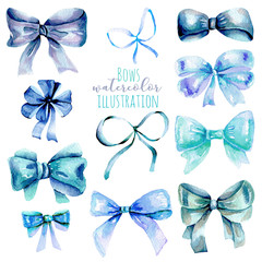 Set of watercolor blue bows, hand painted isolated on a white background
