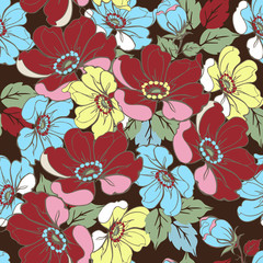 Seamless pink floral pattern. Decorative ornament for fabric, fabric, wrapping paper on a brown background