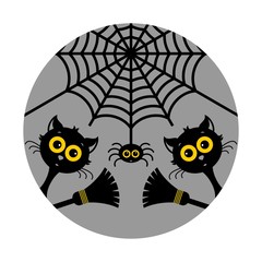 Halloween, black cats, spider, broom. Stickers or badges. Vector illustration on a gray  background.