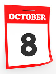 October 8. Calendar on white background.