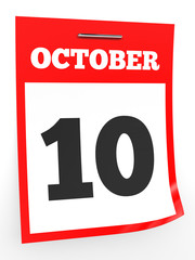 October 10. Calendar on white background.