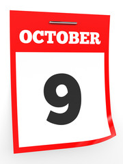 October 9. Calendar on white background.