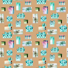 Seamless pattern with watercolor green and mint gift boxes, hand painted on a brown background