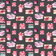 Seamless pattern with watercolor pink gift boxes, hand painted on a dark background