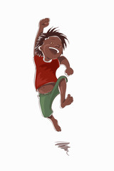 Jumping laughing boy in a red tee-shirt and green shorts.