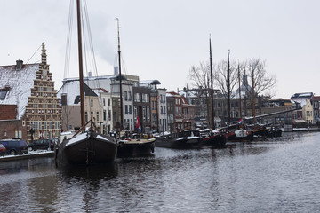 Antique house boats and houses in the city of Leiden