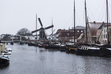Antique house boats and houses in the city of Leiden
