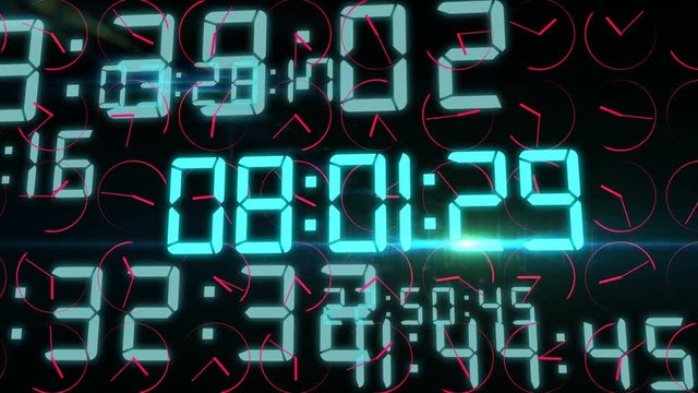 Impressive 3D rendering of the time concept with flashing electronic decimal figures in light blue color in the black background with quickly rotating red clock arrows