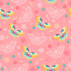 Seamless pattern with butterfly, flowers and design elements. Delicate background. 