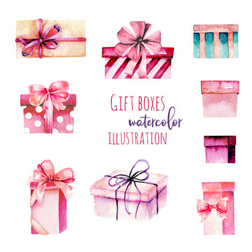 Set of watercolor pink gift  boxes, hand painted isolated on a white background