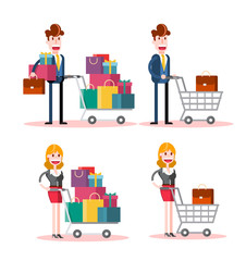 Flat Businessman and Businesswoman Shopping on White Background. Isolated Flat Vector Illustration