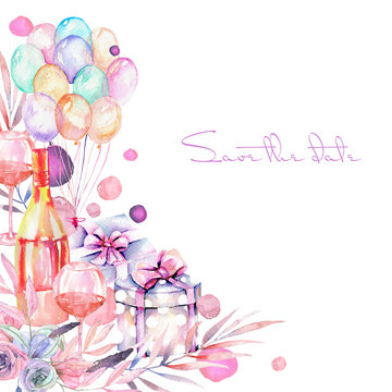 Holiday card template with watercolor gift box, air balloons, champagne bottle, wine glasses and floral elements in pink and purple shadows, hand painted on a white background