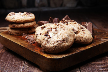 Chocolate chip cookies on table freshly baked