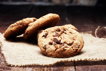 Chocolate chip cookies on table freshly baked