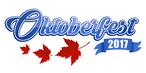 Emblem of Oktoberfest beer festival 2017 with autumn leaves and blue ribbon. German fall festival...