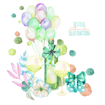 Holiday illustration with watercolor gift box, air balloons, champagne bottle, wine glasses and floral elements in green shadows, hand painted on a white background