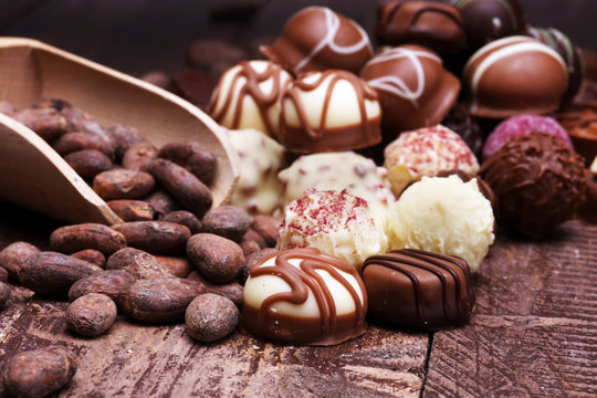 a lot of variety chocolate pralines, belgian confectionery gourmet chocolate