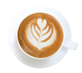 Top view of hot coffee cappuccino latte art isolated on white background, clipping path included