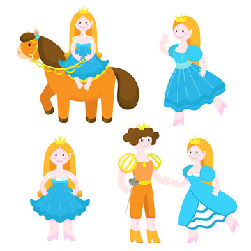 Vector set of cute princesses. Princess and prince, interaction