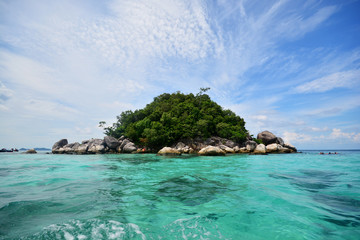 Tropical white sand and blue sea with blue sky at Andaman Sea. Lipe Island, Satun, Thailand.
