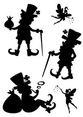 Vector set of painted silhouettes leprechauns and fairies.