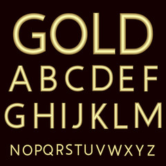 A complete set of Latin letters made from gold wire with a matte surface. Font is isolated by a velvety dark crimson background. Letters are made in 3D shapes with smooth edges. Vector illustration.