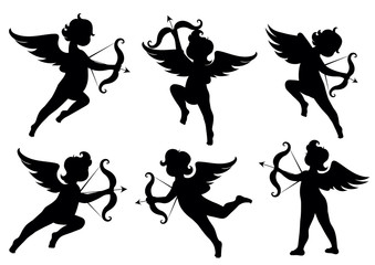 Vector set of silhouettes of angels.