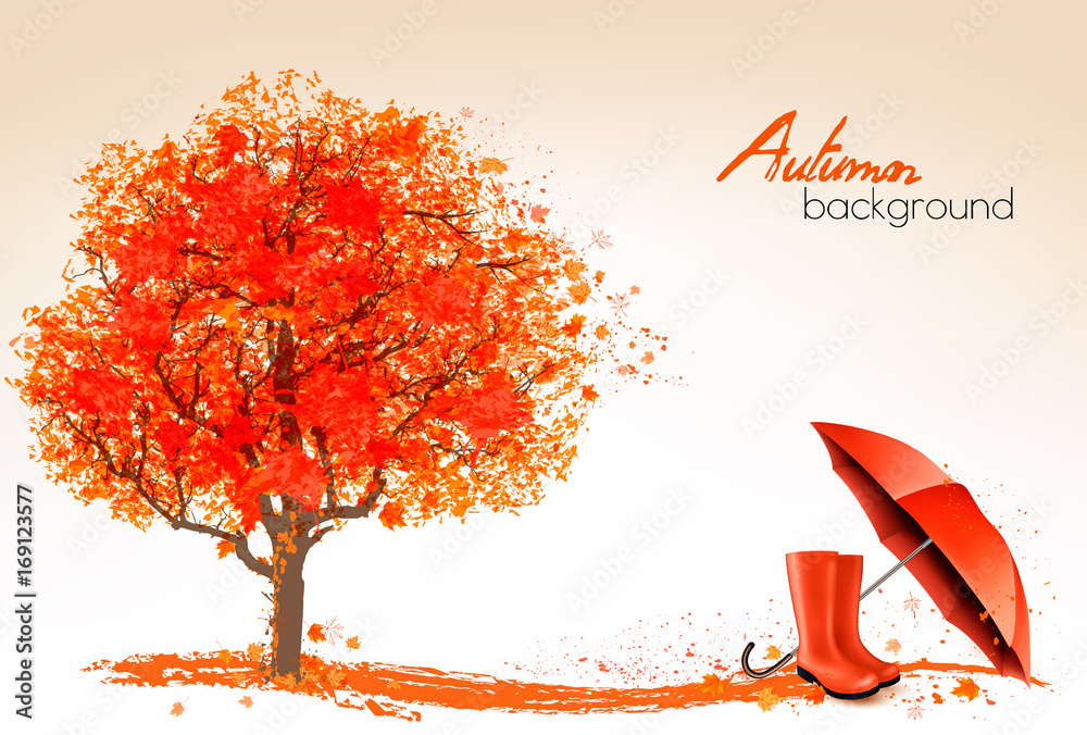 Poster autumn banners with trees and umbrella and rain boots. vector.