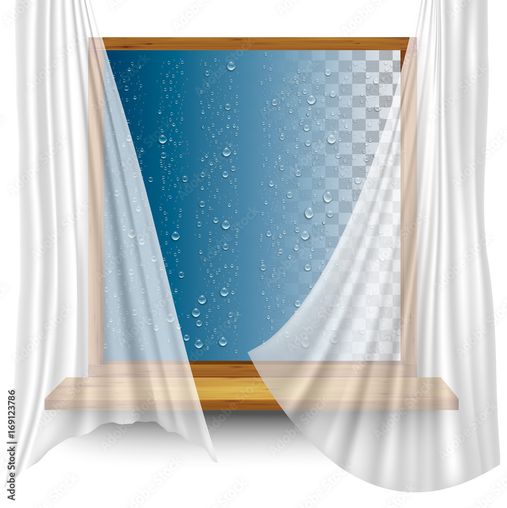 Poster wooden window frame with curtains and water droplets on the transparent background. vector