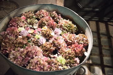 Metal tubs filled with summer flowers