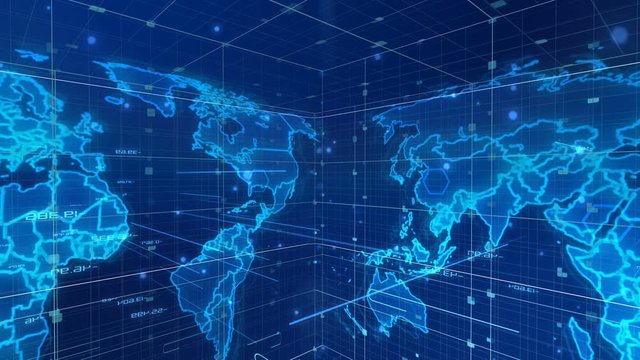 3D rendering of the Internetdigital news map, which revolves around some axis, inside of some light blue cube full of flying and beaming decimal digits, covered with the grid of lines