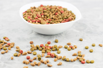 Lot of dry coloured cat food in white ceramic bowl and many scattered pellets on old gray concrete floor