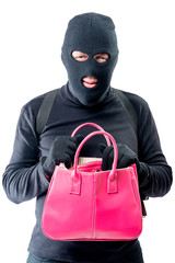 Criminal with a pink bag in search of valuable things on a white background