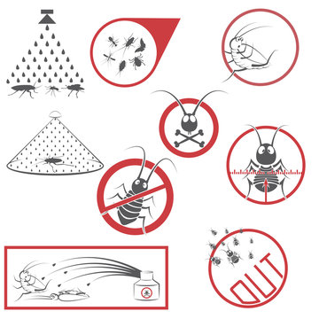 
An illustration consisting of 9 images in the form of means from cockroaches and prohibitory signs