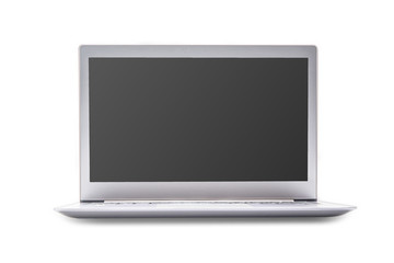 Laptop with blank screen isolated on white background, white aluminium body with shadow in the floor