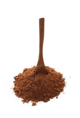 pile cocoa powder and wooden spoon isolated on white background